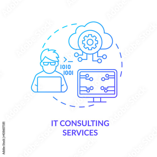 IT consulting services concept icon. Community development abstract idea thin line illustration. Software, systems maintenance. Assessment operating efficiency. Vector isolated outline color drawing