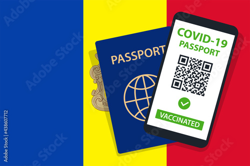 Covid-19 Passport on Andorra Flag Background. Vaccinated. QR Code. Smartphone. Immune Health Cerificate. Vaccination Document. Vector