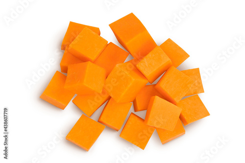 butternut squash diced isolated on white background with clipping path and full depth of field. Top view. Flat lay