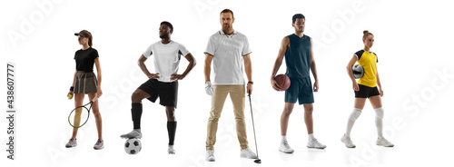 Sport collage. Tennis  fitness  soccer football  boxing  golf  hockey players posing isolated on white studio background.