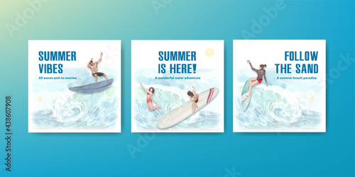 Advertise template with beach vacation concept design for marketing watercolor illustration