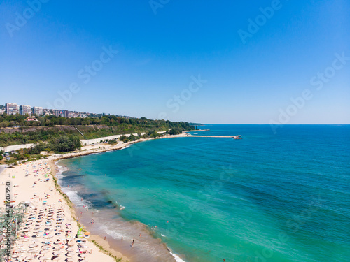 Aerial view of the sand beach, sea and hotels in Varna, Bulgaria. Drone view from above. Summer holidays destination © Marharyta