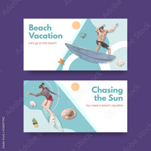 Twitter template with beach vacation concept design for social media watercolor illustration