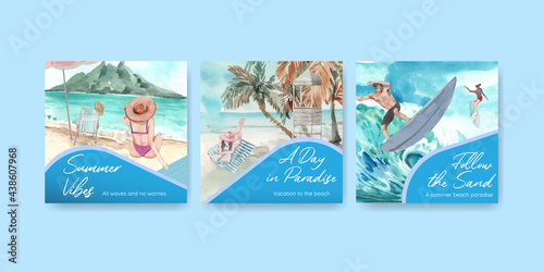 Advertise template with beach vacation concept design for marketing watercolor illustration