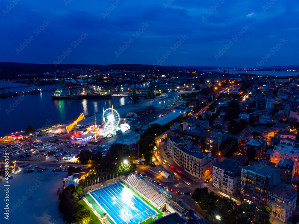 Aerial view of city Varna in Bulgaria. Summer holiday in Europe. Aerial evening photography, drone view.