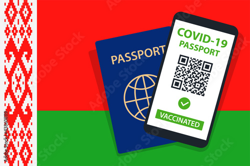 Covid-19 Passport on Belarus Flag Background. Vaccinated. QR Code. Smartphone. Immune Health Cerificate. Vaccination Document. Vector