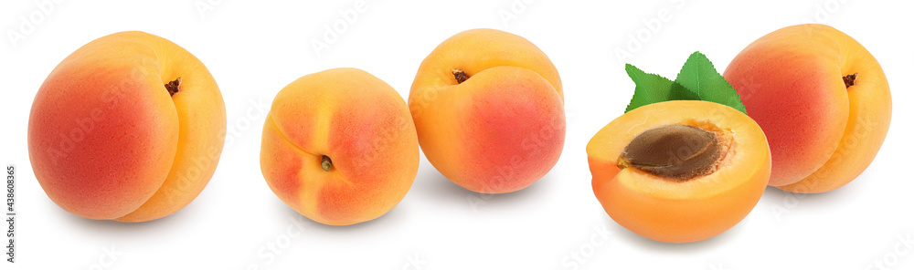 apricot fruit with half and slices isolated on white background with full depth of field. Set or collection apricot fruit with half and slices isolated on white background with full depth of field. Set or collection