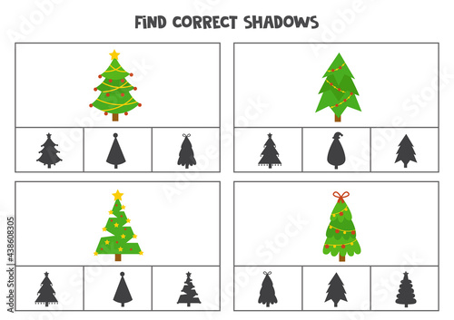 Find correct shadow of Christmas trees. Printable clip card games for children.
