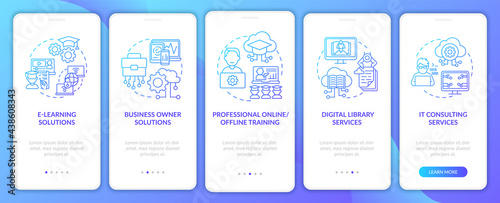 Social unit progress projects onboarding mobile app page screen with concepts. Digital library walkthrough 5 steps graphic instructions. UI, UX, GUI vector template with linear color illustrations