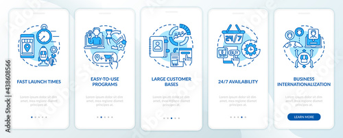 Online market place benefits onboarding mobile app page screen. Large consumer base walkthrough 5 steps graphic instructions with concepts. UI, UX, GUI vector template with linear color illustrations