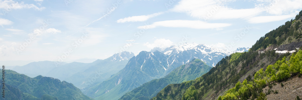 Albanian mountain Alps. Mountain landscape, picturesque mountain view in the summer morning, large panorama Albanian mountain Alps. Mountain landscape, picturesque mountain view in the summer morning, large panorama