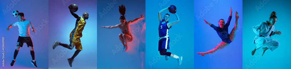 Fototapeta premium Collage of different professional sportsmen, fit people in action and motion isolated on color background. Flyer.
