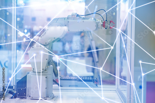 Automatic machine robot arm tool in manufacture factory. Concept smart Industrial 4.0 technology