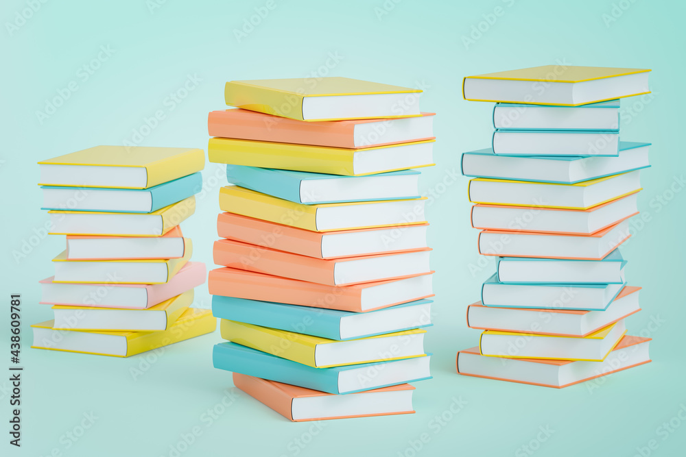 Illustration of pastel colored books piled up, 3D rendering