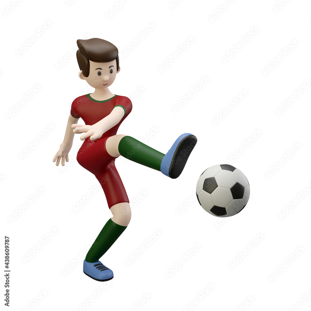 3d character render football/soccer player kick the ball
