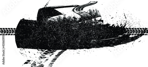 Vector print textured tire track . Design element . Car tread silhouette . Mud splash grunge texture. Tyre track banner .