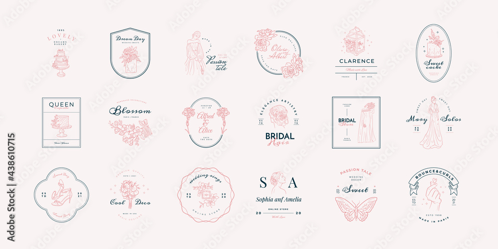 Trending logo template for wedding, wedding agency, decor, wedding decor, photographer, event agency. Elegant typography, linear illustration, line art Trending logo template for wedding, wedding agency, decor, wedding decor, photographer, event agency. Elegant typography, linear illustration, line art