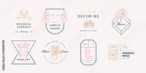 Trending logo template for wedding, wedding agency, decor, wedding decor, photographer, event agency. Elegant typography, linear illustration, line art