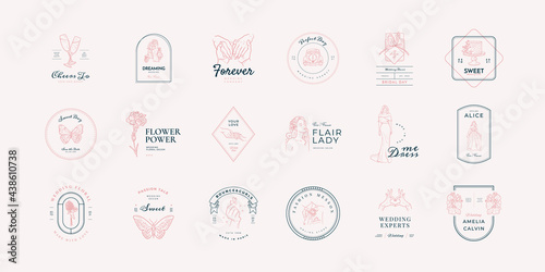 Trending logo template for wedding, wedding agency, decor, wedding decor, photographer, event agency. Elegant typography, linear illustration, line art