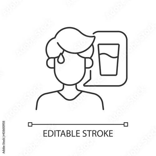 Thirst linear icon. Dehydration symptom during heat wave. Sign of heatstroke. Lack of water. Thin line customizable illustration. Contour symbol. Vector isolated outline drawing. Editable stroke