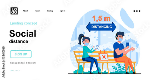 Social distance web concept. Man and woman in masks distancing on bench. Coronavirus prevention. Template of people scene. Vector illustration with character activities in flat design for website
