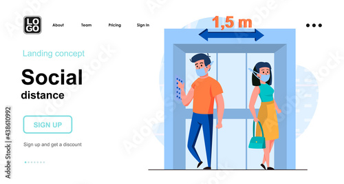 Social distance web concept. Man and woman in masks distancing in elevator. Coronavirus prevention. Template of people scene. Vector illustration with character activities in flat design for website