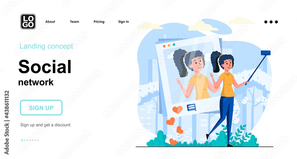 Social network web concept. Woman takes selfie, posting it on her page, collects likes and comments. Template of people scene. Vector illustration with character activities in flat design for website Social network web concept. Woman takes selfie, posting it on her page, collects likes and comments. Template of people scene. Vector illustration with character activities in flat design for website