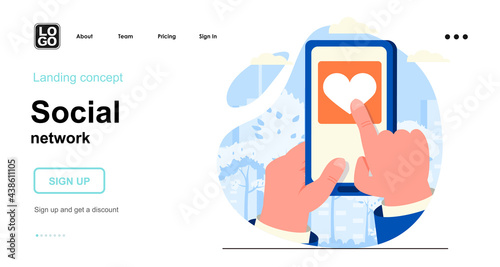 Social network web concept. User presses heart button and puts like posts on smartphone screen. Template of people scene. Vector illustration with character activities in flat design for website