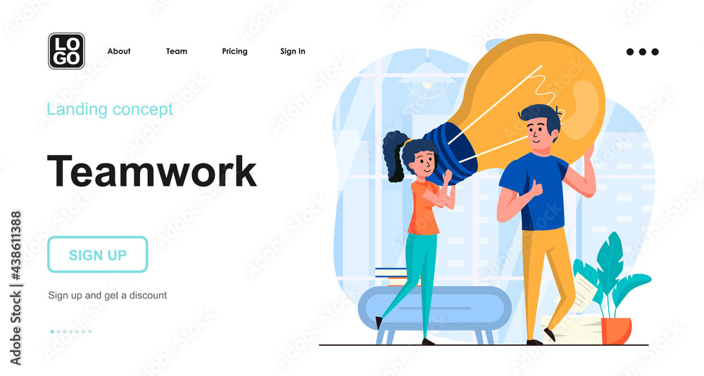 Teamwork web concept. Man and woman work together, create ideas, brainstorming communication. Template of people scene. Vector illustration with character activities in flat design for website