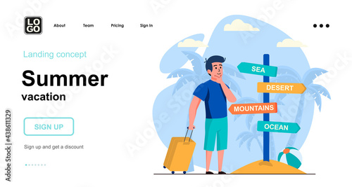 Fototapeta Naklejka Na Ścianę i Meble -  Summer vacation web concept. Man with luggage stands at sign directions, chooses type of recreation. Template of people scene. Vector illustration with character activities in flat design for website