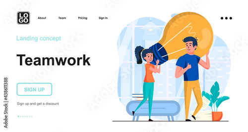 Teamwork web concept. Man and woman work together, create ideas, brainstorming communication. Template of people scene. Vector illustration with character activities in flat design for website