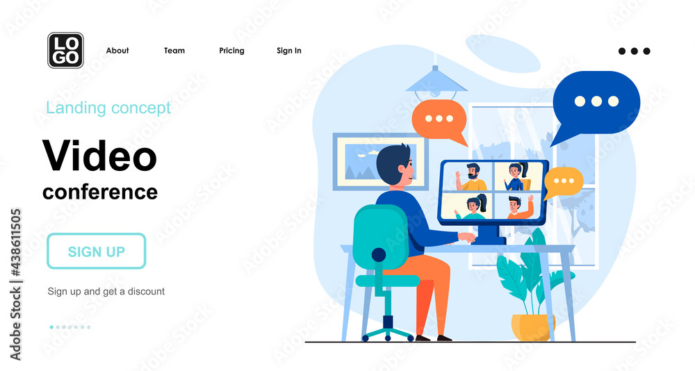 Video conference web concept. Man communicates online with friends or colleagues through video. Template of people scene. Vector illustration with character activities in flat design for website