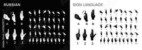 Russian sign language ASL Alphabet and numbers. Deaf-mutes hand language. Learning alphabet, nonverbal deaf-mute communication. Vector illustration	 photo