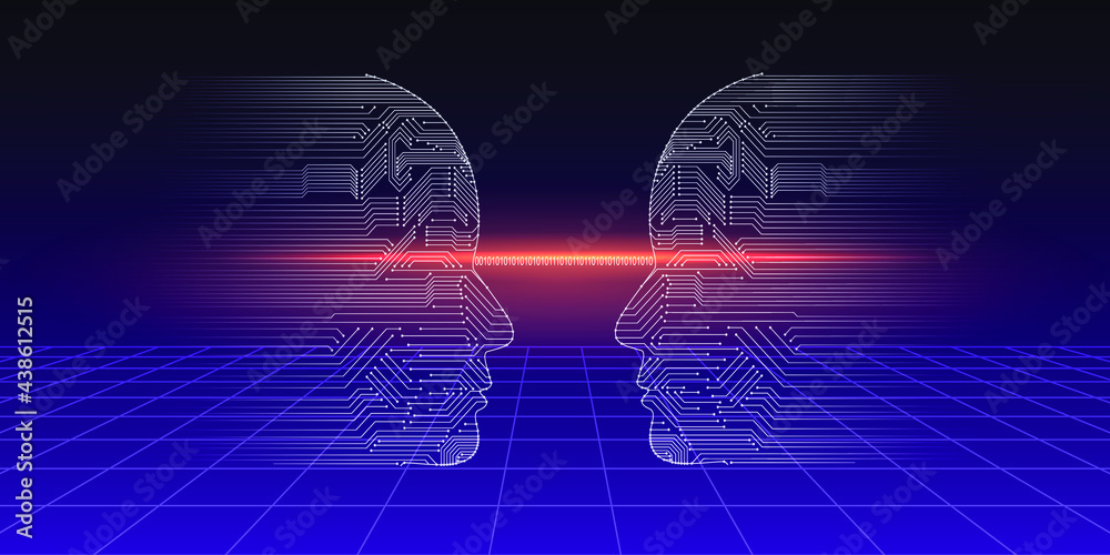 Two abstract transparent heads against the cyberpunk neon grid, retro internet communication and telepathy concept - obrazy, fototapety, plakaty 