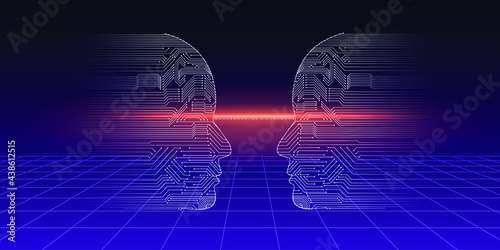 Two abstract transparent heads against the cyberpunk neon grid, retro internet communication and telepathy concept
