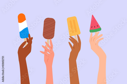 Different skin colored human hands holding various ice creams and popsicles. Summer time concept. Colorful modern vector illustration cartoon flat style