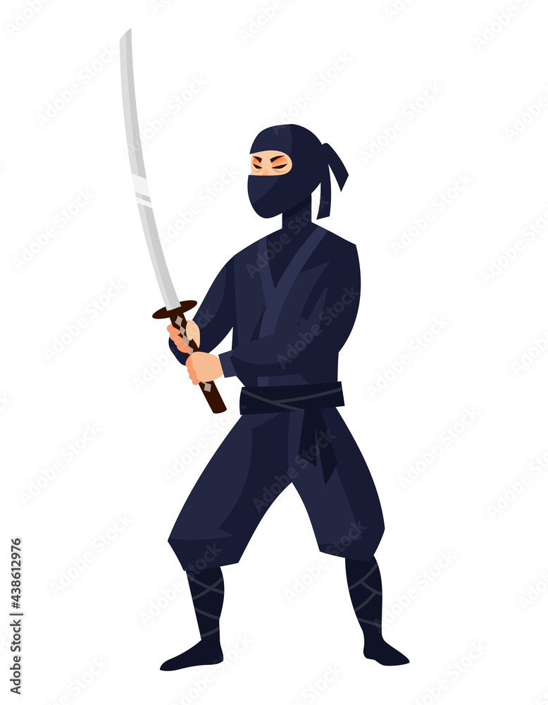 Ninja holding katana. Japan character in cartoon style. Ninja holding katana. Japan character in cartoon style.