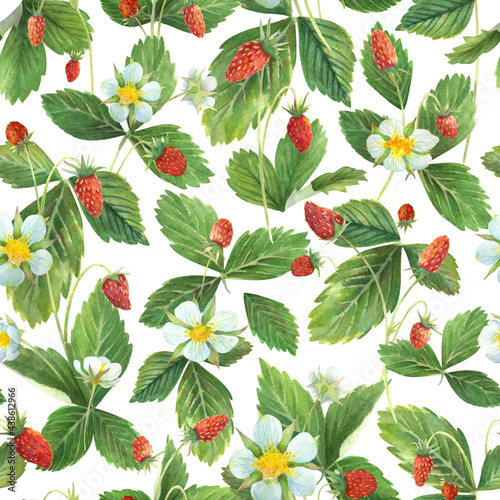 watercolor seamless pattern of wild strawberry leaves  berries and flowers