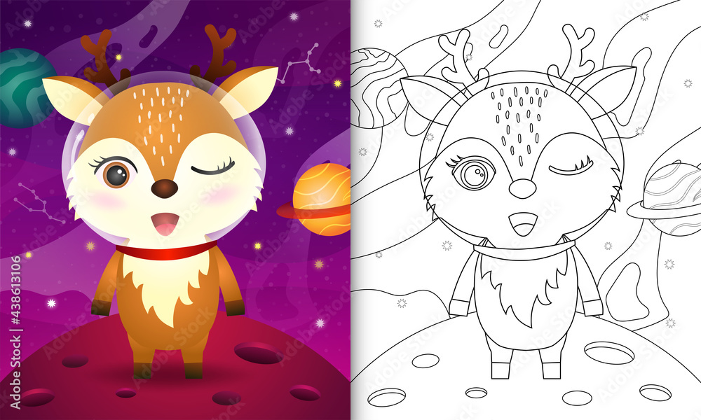 coloring book for kids with a cute deer in the space galaxy
