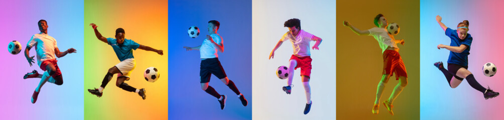 Collage of different professional sportsmen, fit people in action and motion isolated on color background. Flyer.