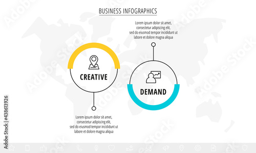 Line vector infographics with two circles and icons. Template with 2 steps for diagram, web, banner, presentations, flowchart, content, levels, chart, graphic