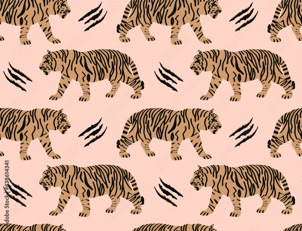Obraz premium Abstract Hand Drawing Bengal Tigers and Scratches Seamless Vector Pattern Isolated Background 