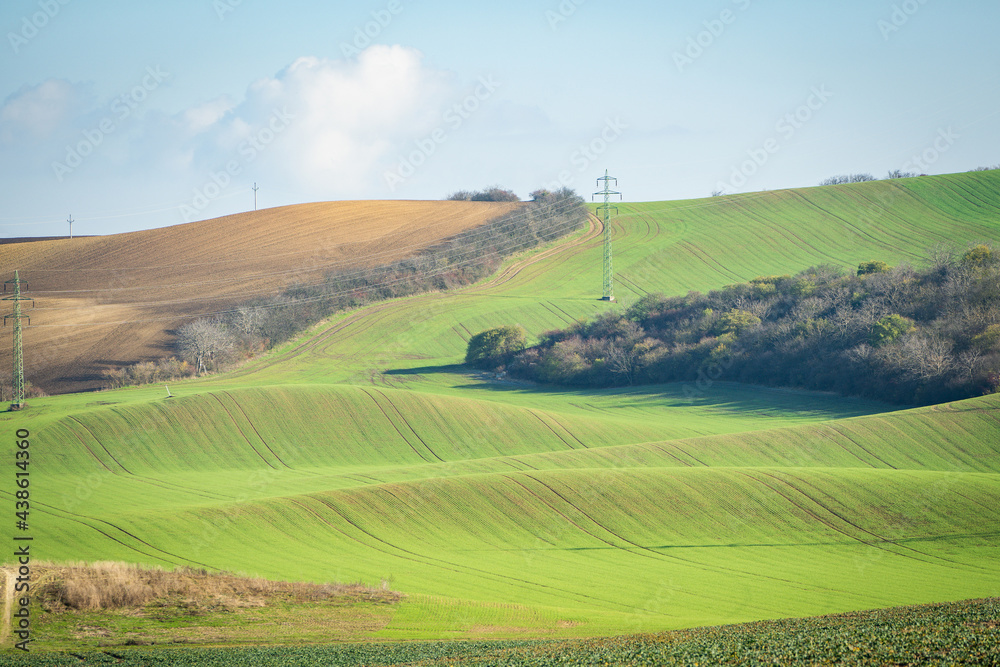 Scenic view of beautiful country landscape. Rolling landscape in Moravian Tuscany. Rural fields in South Moravia, Czech Republic.
