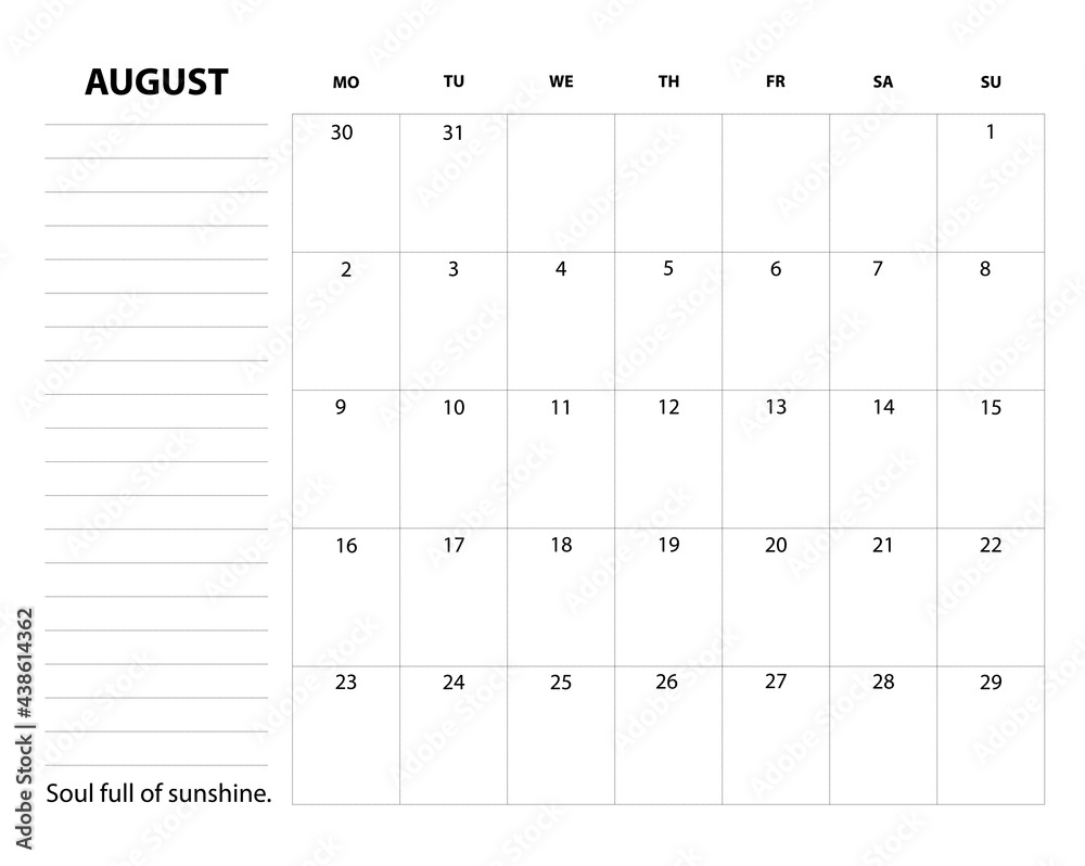 Monthly printable planner, organizer and schedule template for August