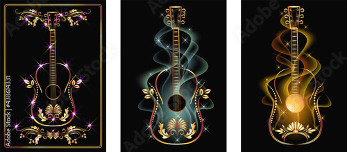 Set of golden guitar designs on dark background with wavy smoke and glowing stars for invitation card, poster or booklet.