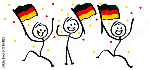 Happy smile football supporters. Cartoon stickman with the flag of Deutschland, Germany. Stick figure man for wk, ek soccer ball game cup. Flat vector sport icon or pictogram. Holland or Dutch, orange