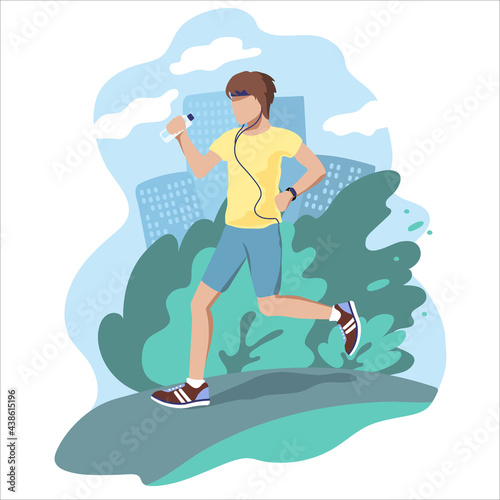 Young man runs along the road wearing headphones with a fitness bracelet and a bottle of water. Illustration of doing sports in nature and a healthy lifestyle.