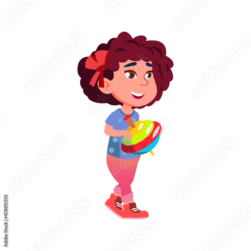 caucasian girl child play with pegtop toy cartoon vector. caucasian girl child play with pegtop toy character. isolated flat cartoon illustration photo