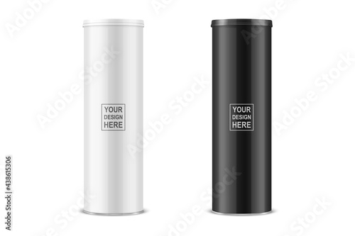 Vector 3d Realistic Blank White, Black Glossy Metal Tin Can with Lid, Canned Food, Potato Chips Packaging With Lid Set Isolated On White Background. Design Template, Mockup. Front View