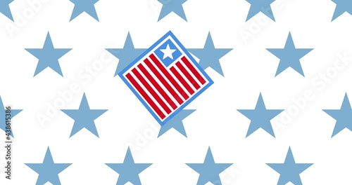 Digitally generated image of american flag design against multiple blue stars on white background